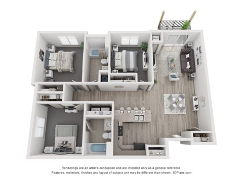 Floor plan for 3 beds, 2 baths, 1280 sqft